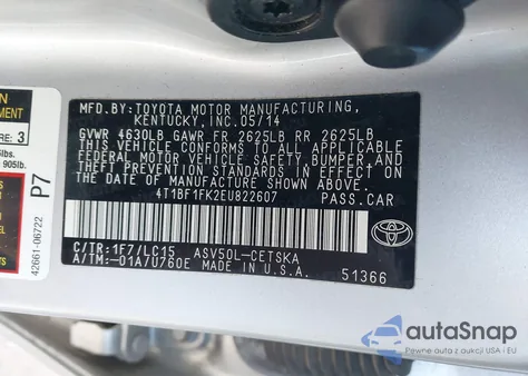 2014 Toyota Camry Se из США, поврежденный, VIN 4T1BF1FK2EU822607